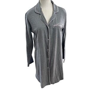 Laura Ashley Womens Medium Gray Sleep Shirt Good Night Embroidered Long Sleeve